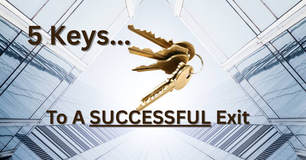 A set of five keys in the middle of the light filtering between four skyscrapers with the words "5 keys to a successful exit".