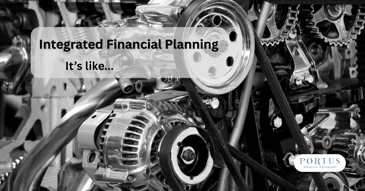 Immaculate gears and belts on a car engine with the heading integrated financial planning.