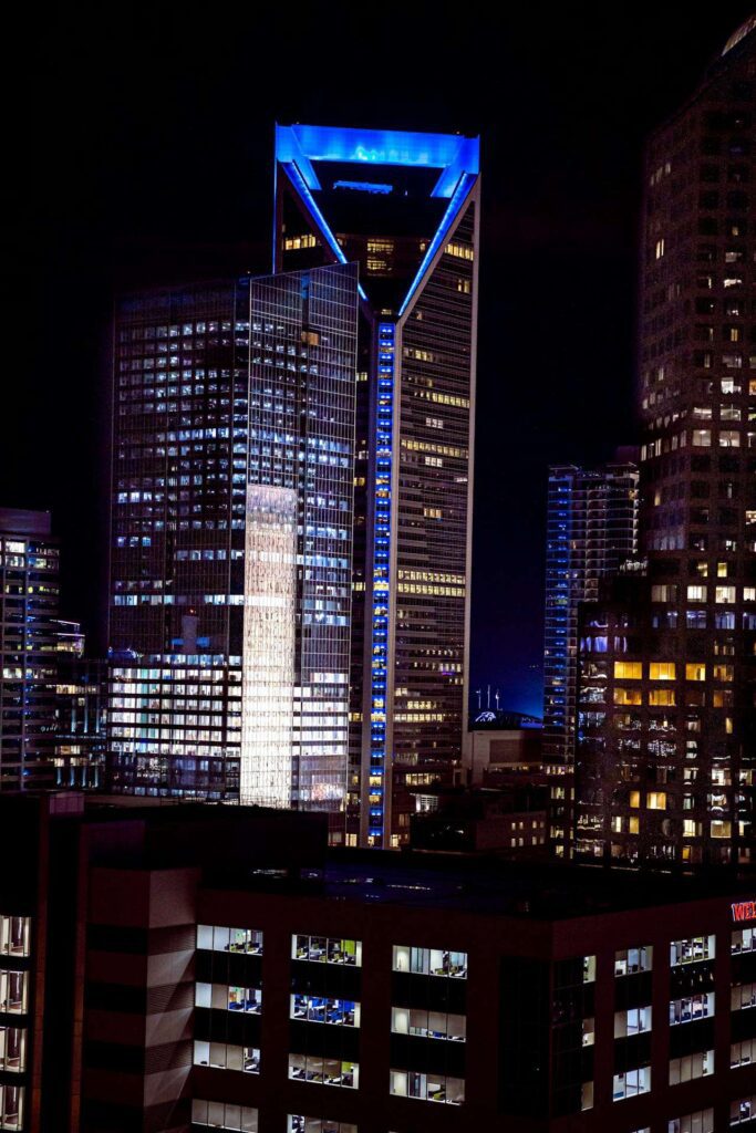 business financial planning Charlotte, NC skyscrapers at night.