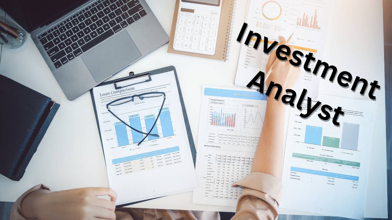 Desk covered with spreadsheets and investment charts with the headline "Investment Analyst"