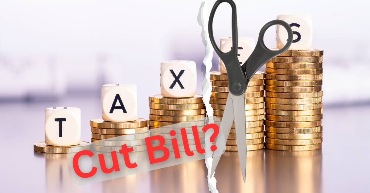 Images of a stack of coins, each with a letter on top spelling taxes. A pair of scissors is cutting off the "es" in taxes, making the headline "Tax Cut Bill".