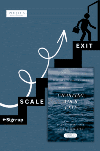 Charting Opportunities Sign Up Page Person at the top of the stairs going through a door with the words "scale" and "Exit" with the cover of the "Charting Your Exit" book in the bottom right hand corner.