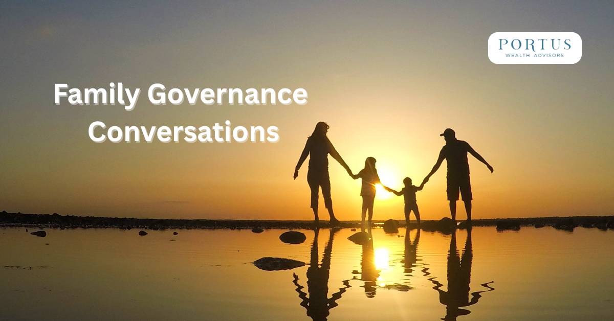 Image of a family walking on the beach at sunset with the heading "Family Governance Conversations"