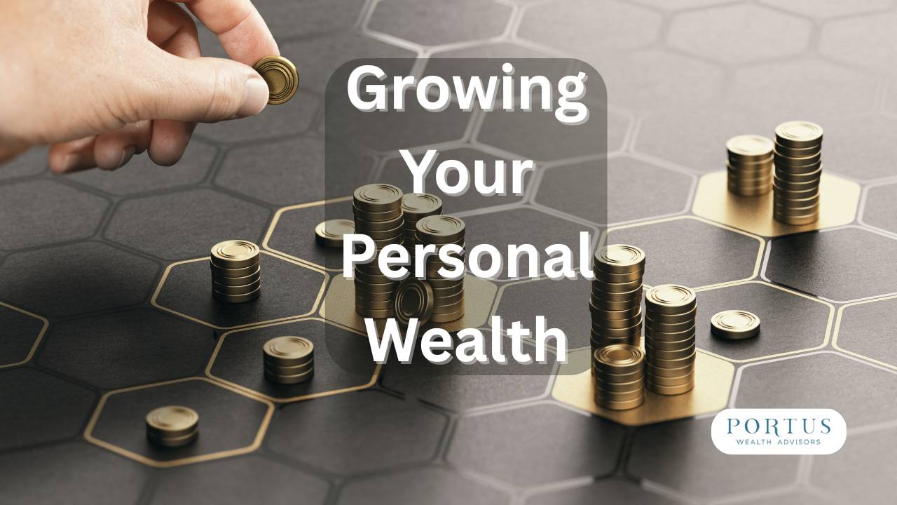 Person spreading coins across a board in different boxes with the headline "Growing Your Personal Wealth".