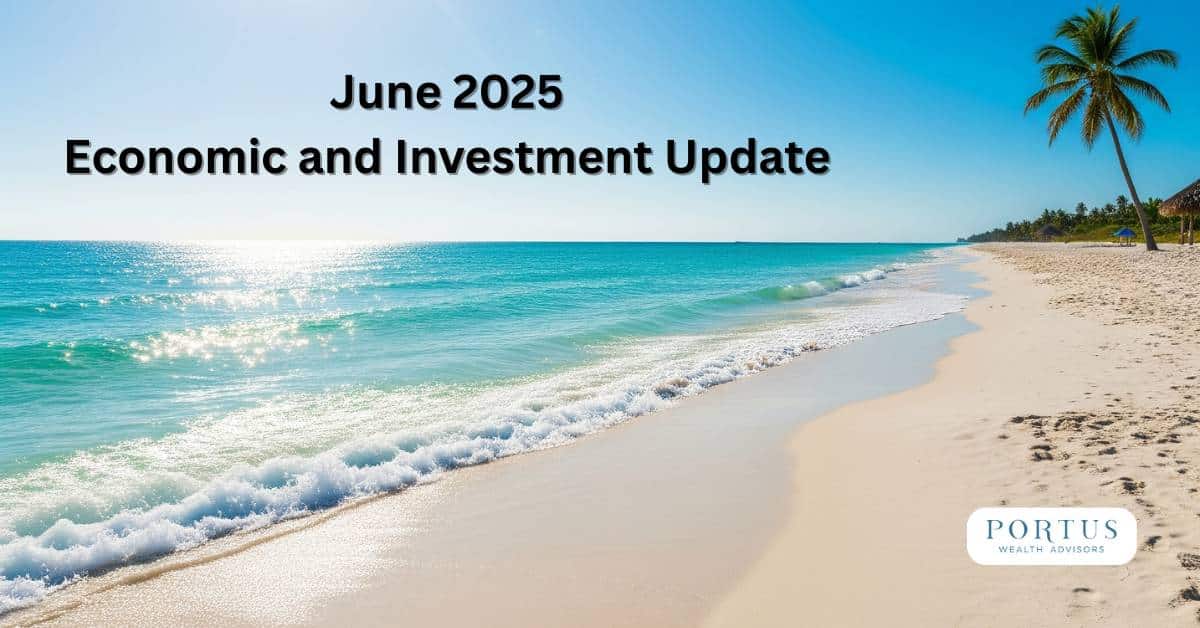 White sandy beach with a coconut tree in the background and the headline "June 2025 Economic and Investment Update".