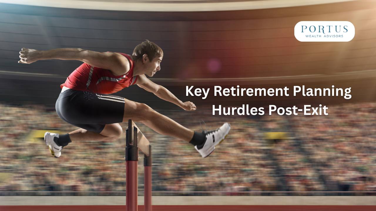 Guy jumping over a hurdle with the headline "Key Retirement Planning Hurdles Post-Exit".