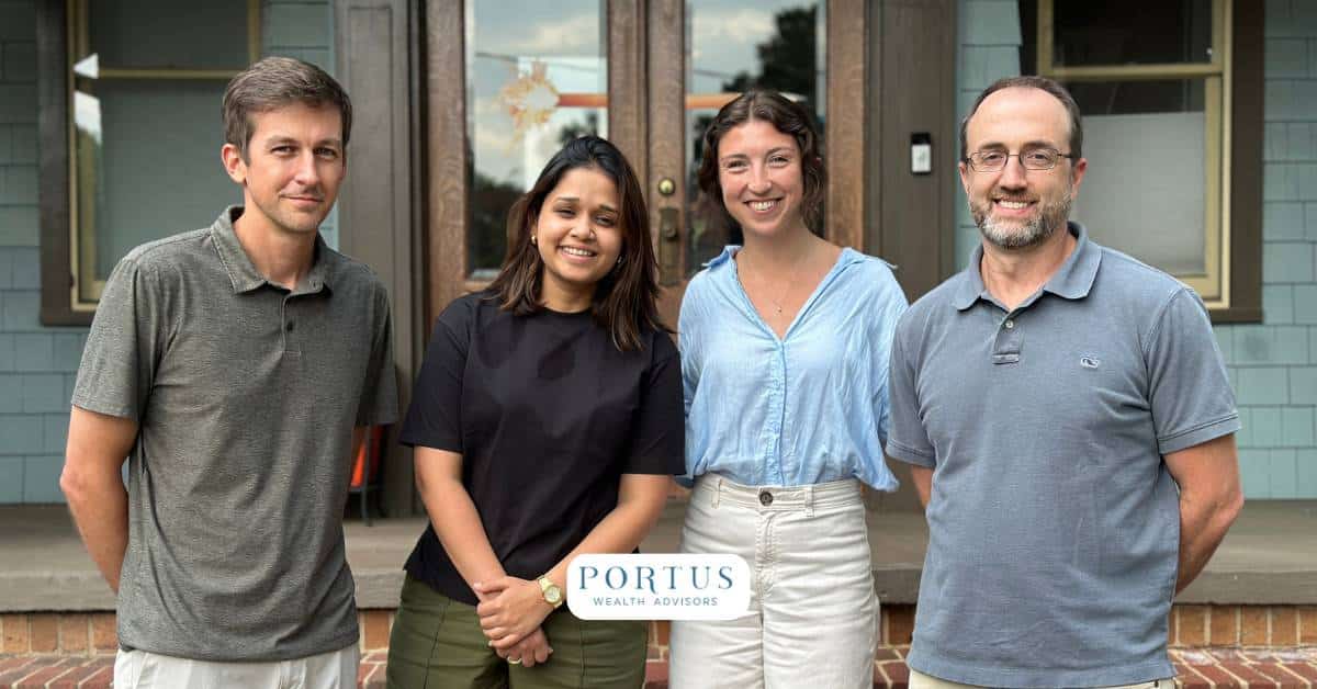 Portus Wealth Advisors team, winner of the AdvisorHub top 250 RIAs to watch in 2025. Form left: John Sanders, Sakshi Chauhan, Kaitlin DeDora, and founder William Bissett.