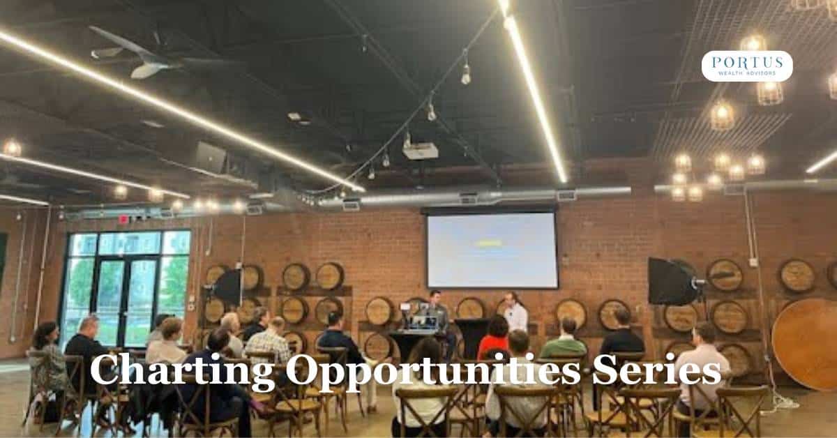People sitting in the Barrel Room at Triple C Brewery listening to a Charting Opportunities talk sponsored by Portus Wealth Advisors