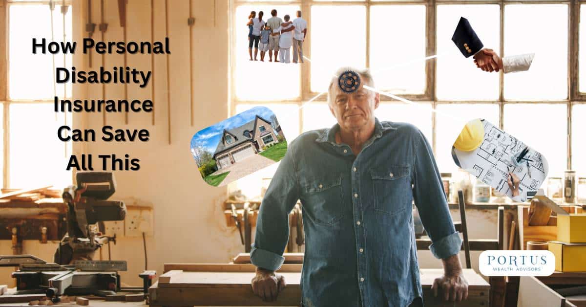 Image of man standing in his workshop surrounded by images of family, home, work with the heading "How Personal Disability Insurance Can Save All This"