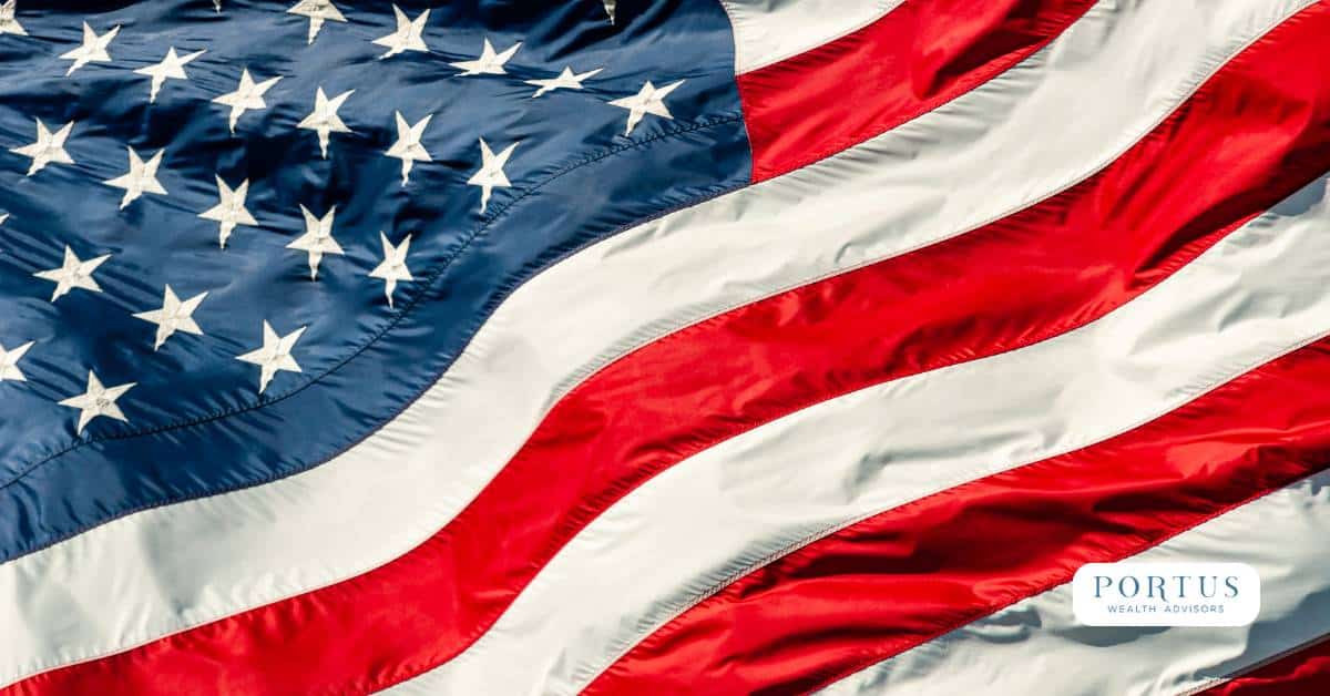 Image of the American flag with the Portus Wealth Advisors logo at the bottom right for the July 2025 Economic and Investment Update.