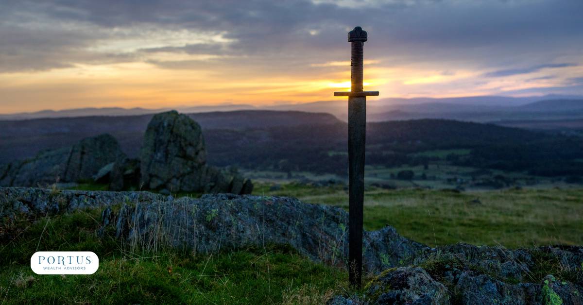 Sword sticking up out of the ground, hilt shadowed by the setting sun. Portus Wealth Advisors logo in the bottom left corner.