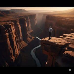 Image of a man standing on the edge of a canyon looking at the other side, demonstrating the gap that business owner must overcome in their pre-sale planning.