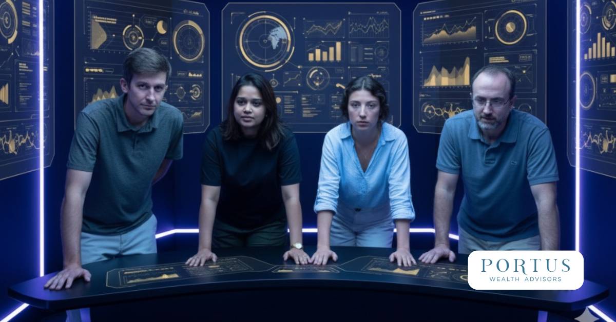 Portus Wealth Advisors over a futuristic console looking focused and consulative.