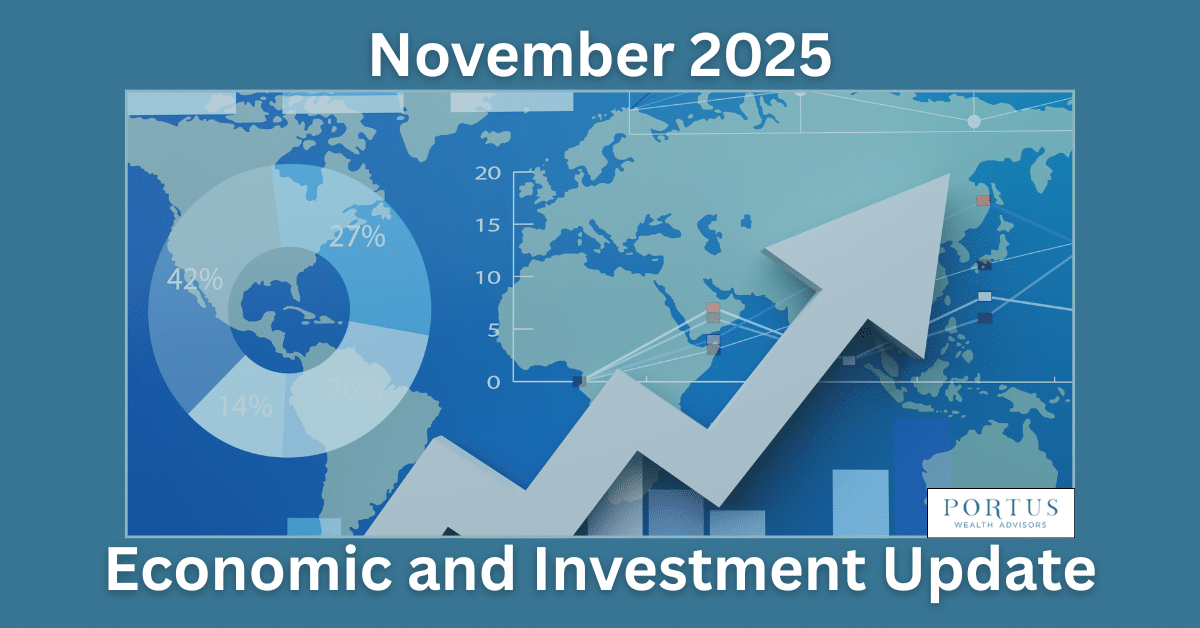 Map of the world in the background with several charts and arrows overtop. Heading reads "November 2025 Economic and Investment Update."