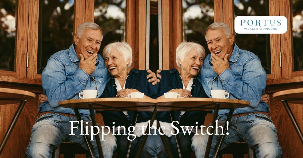 Retirer copule sitting on a porch. Photo is duplicated and showed on the other side of the screen to emphasize the change needed for an entreprenuer to make when selling a business.