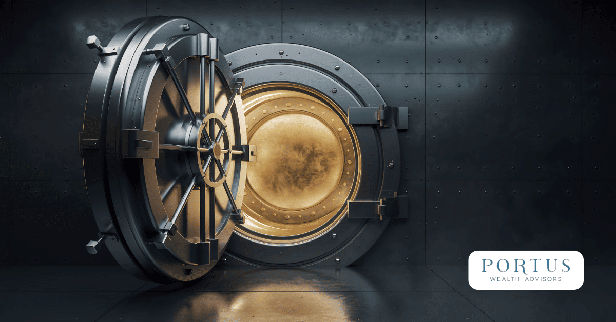 Huge underground bank vault with door halfway open. Portus Wealth Advisors logo in the bottom right corner.
