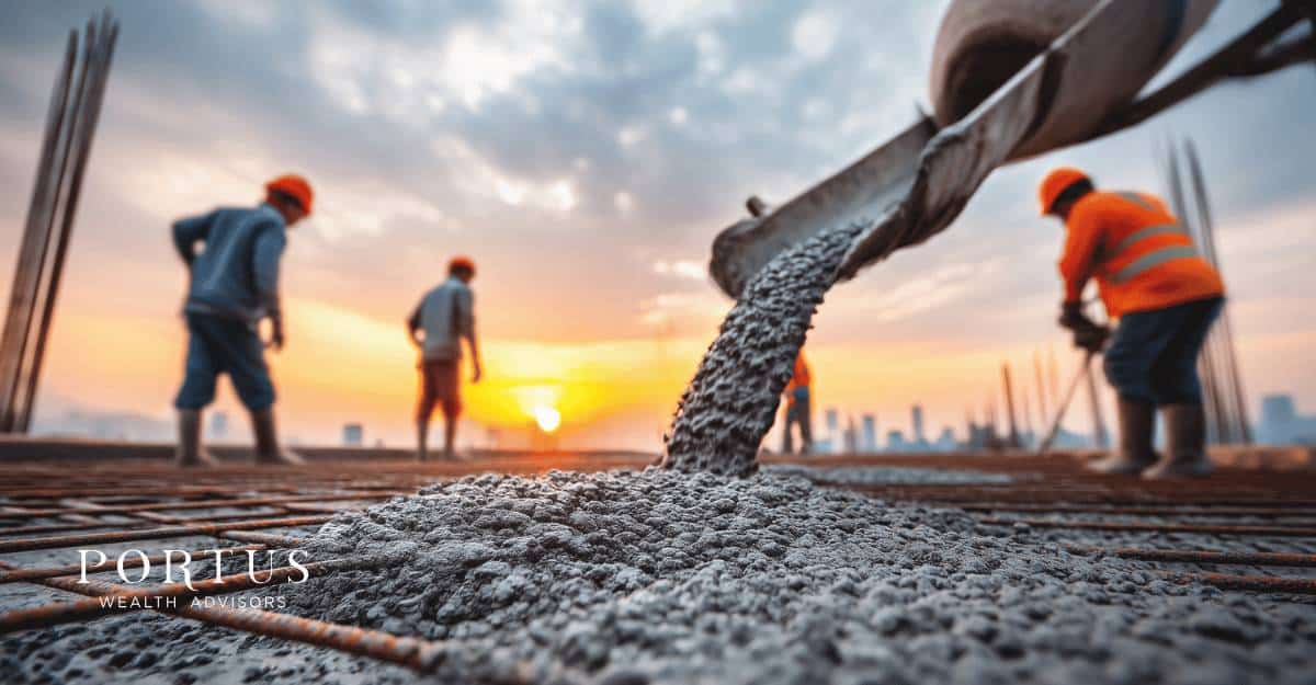 Guys laying concrete on the roof of a building with the sunset in the background for the "Building a Business With Purpose" blog post.