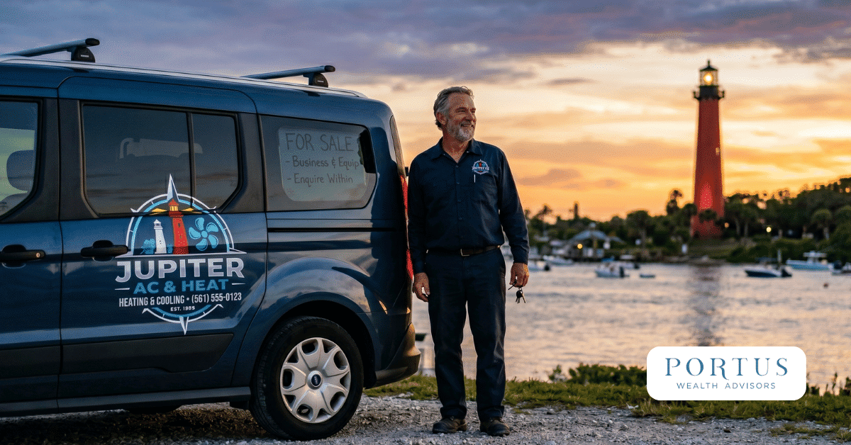 Image of a man (business owner) standing on the bank opposite the Jupiter, Florida inlet lighthouse. Portus Wealth Advisors logo in bottom right corner.