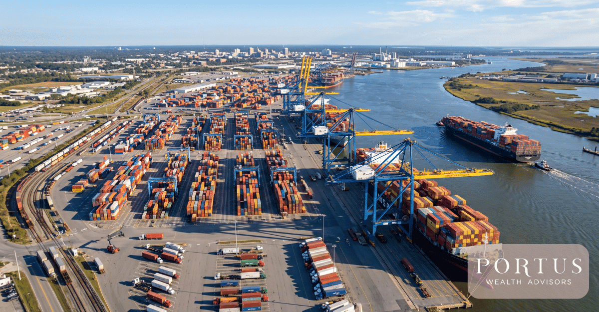 An aerial of the Port of Savannah with container cranes and cargo ships visible -- that image immediately connects the post's opening argument about the port as a structural demand driver for commercial trades businesses.