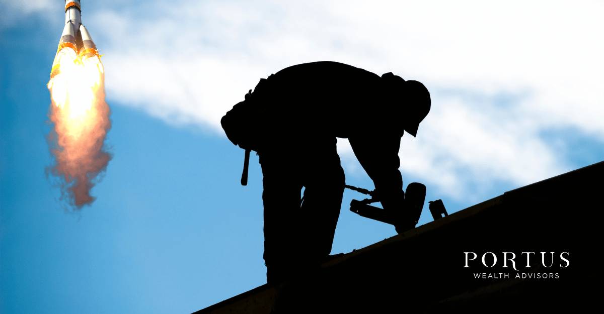 Man working on a roof in silhouette with a rocket going up in the sky above him. The Portus Wealth Advisors logo is in the bottom right corner for this "selling a trades business in Brevard County FL" blog post.