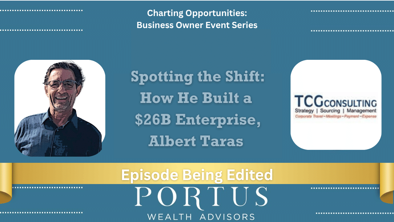 Albert Taras headshot on the left. TCG company logo on the right. Charting Opportunties logo at the top with the Portus Wealth Advisors logo at the bottom and a banner saying "Episode Being Edited".