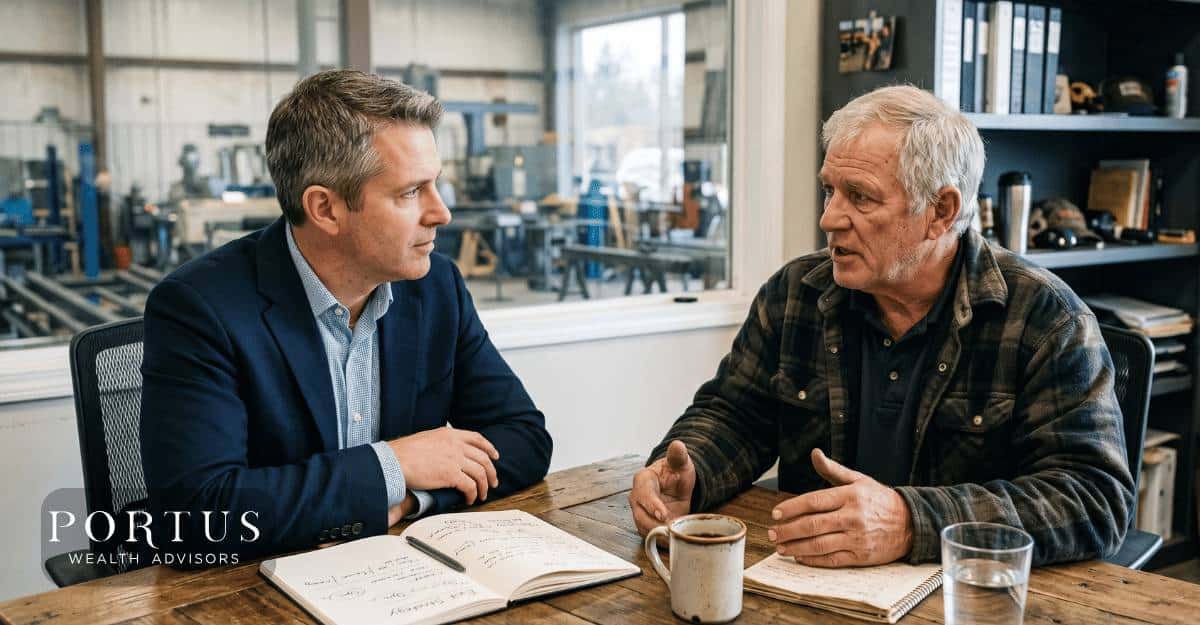A middle aged advisors and mid 60s blue collar business owner sit at a table in deep conversation. The Portus Wealth Advisors logo is in the bottom left corner.