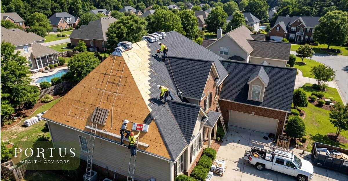 Men working on a roof in a surburban middle-class neighborhood with the Portus Wealth Advisors logo on the bottom left.