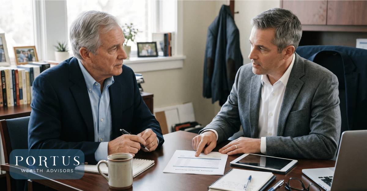 Business owner reviewing fee-only financial advisor costs with a fiduciary advisor for the "How Much Does a Fee-Only Advisors Cost" blog post for Portus Wealth Advisiors.
