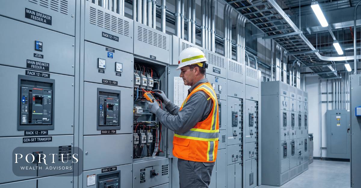 A photorealistic image of a commercial electrician working inside a large industrial electrical panel room or data center electrical infrastructure space. The electrician is in a hard hat and safety vest, standing in front of a wall of labeled circuit breakers and conduit runs, working with a voltage tester. Portus Wealth Advisors logo in the bottom left corner.