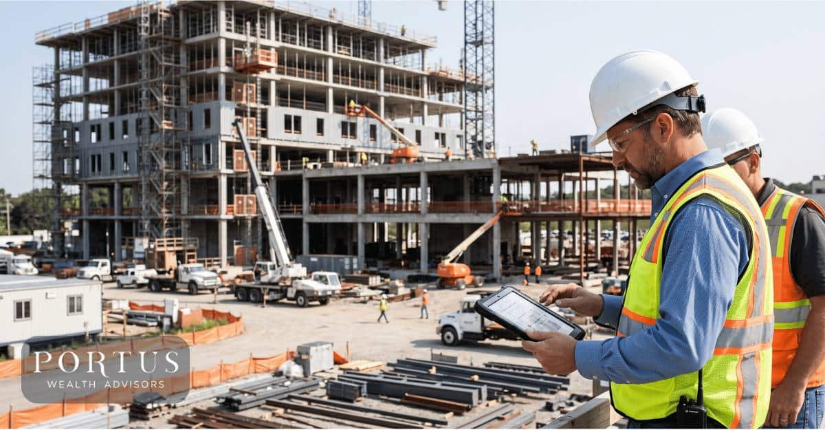 Two men on a commercial building site looking at a tablet for the "Selling My General Contracting Business: A 2026 Exit Planning Guide" Pportus Wealth Advisors logo in the bottom left corner.