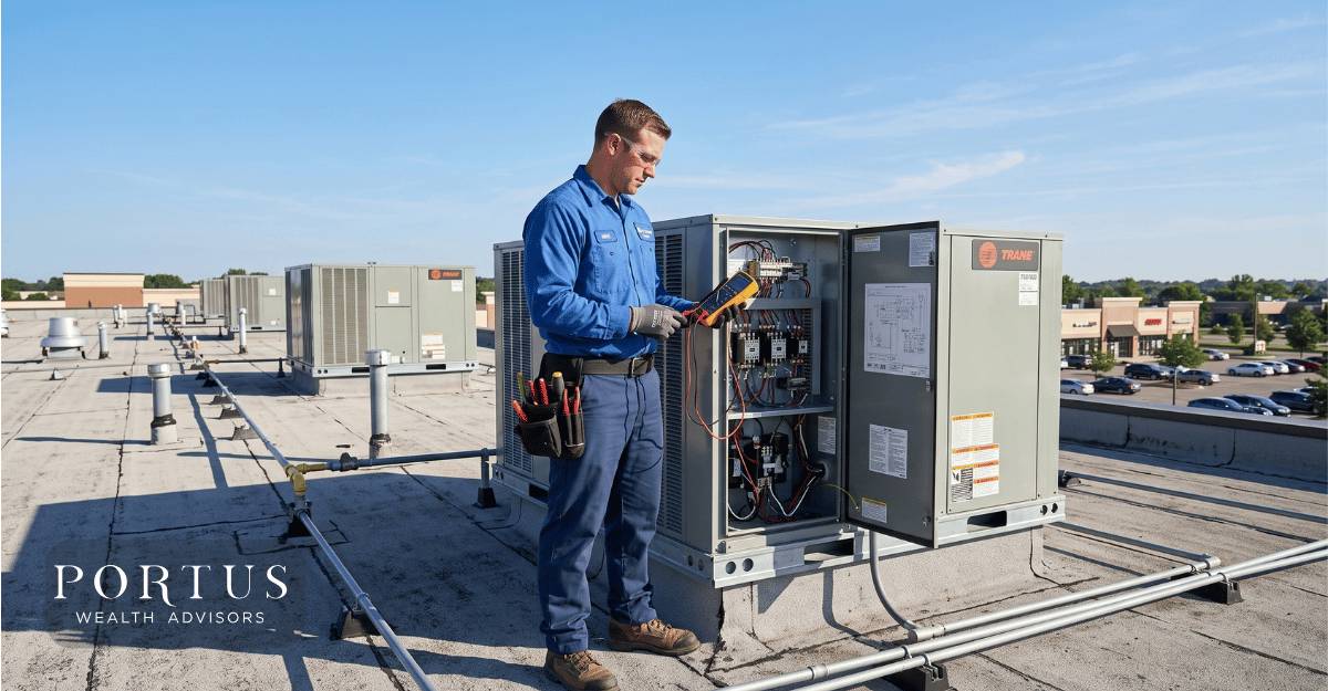HVAC technician on a rooftop standing next to a large commercial rooftop unit, working on the electrical panel of the condenser with a multimeter in hand for the Selling My HVAC Business: A 2026 Exit Planning Guide blog post for Portus Wealth Advisors. Company logo in the bottom left corner.