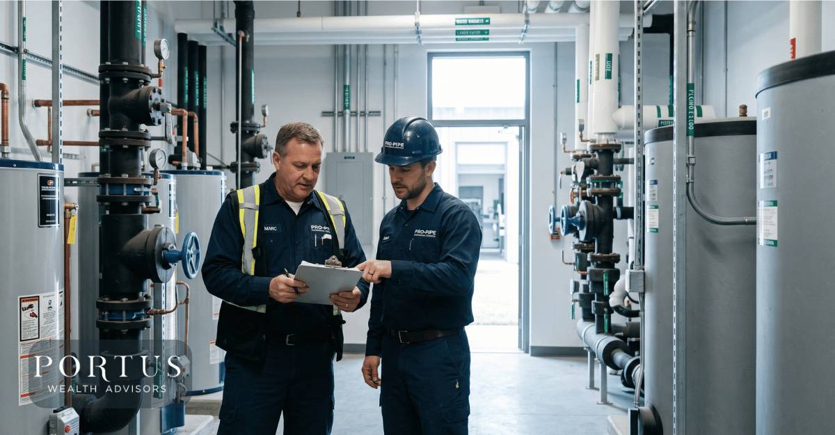 A commercial plumber or small crew in a professional setting, not someone under a sink. Think a technician in branded uniform reviewing a job sheet outside a service van, or two plumbers inspecting a mechanical room in a commercial building for the SElling My Plumbing Business: A 2026 Exit Planning Guide.